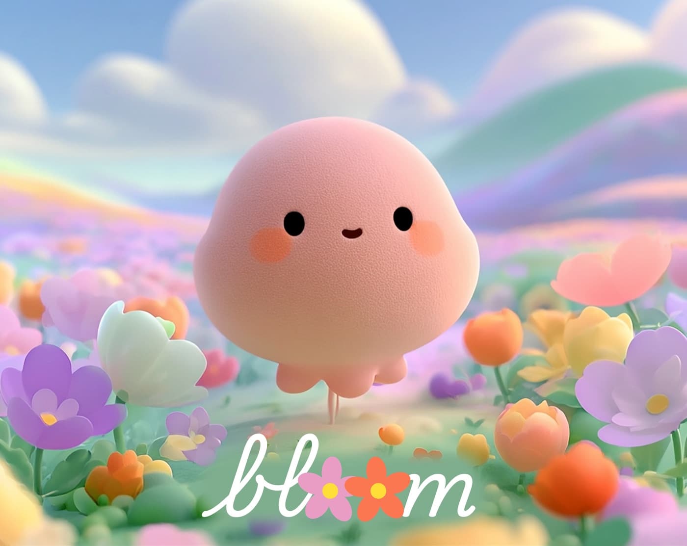Bloom's smiling pink seed-creature floating over a field of flowers.