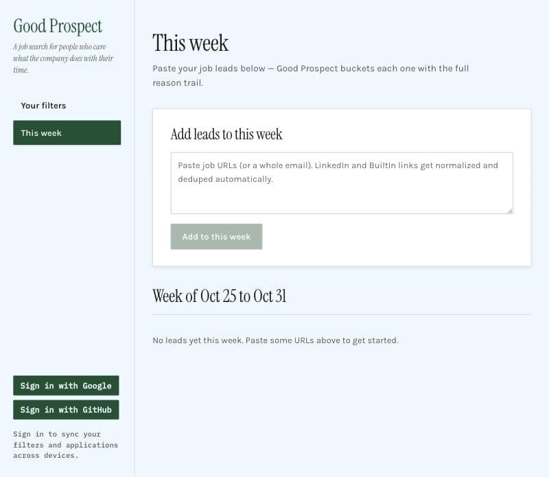 Good Prospect's weekly leads screen with the intake box.