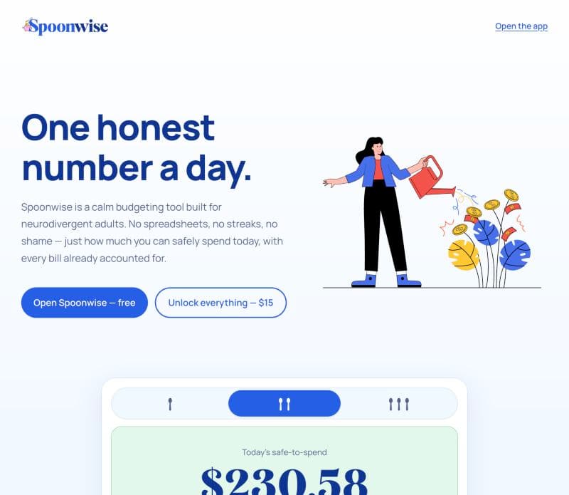 Spoonwise's landing page: 'One honest number a day.'